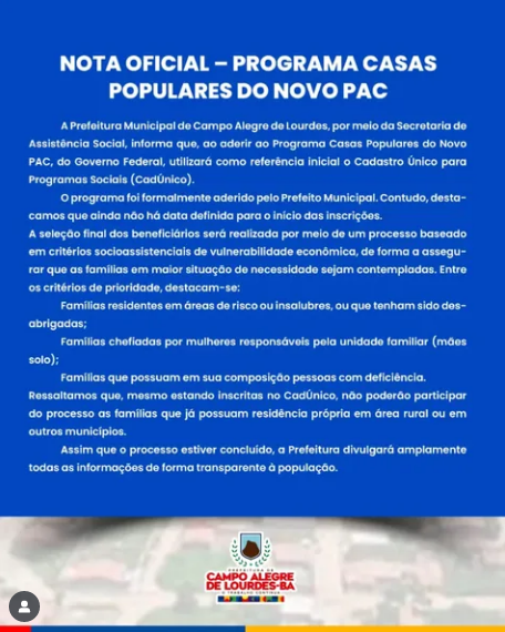 df Nota Oficial Prefeitura de Campo A. de Lourdes – Programa Casas Populares do Novo PAC